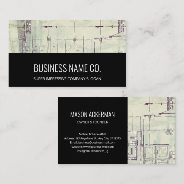 Modern Business Cards-Blueprint  Black / Rustic Business Card (Front/Back)