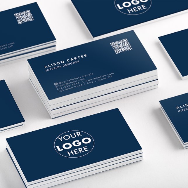 Modern Business Cards | Dark Blue | QR Code | Logo (Stacks of dark blue business cards showing the front of the card with QR code and logo at the back.)