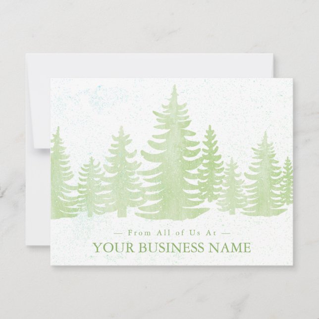 Modern Business Green Pine Trees Watercolor Holiday Card (Front)