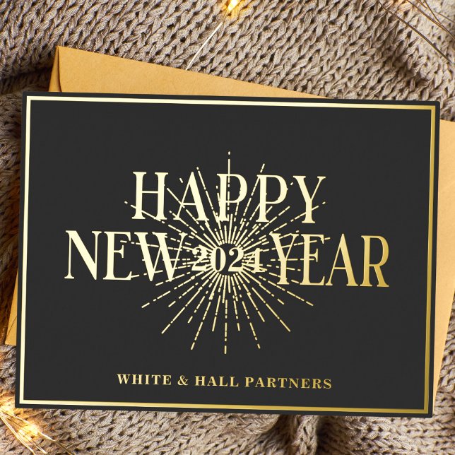 Modern Business Happy New Year Logo | Black Gold  Foil Holiday Postcard (Creator Uploaded)