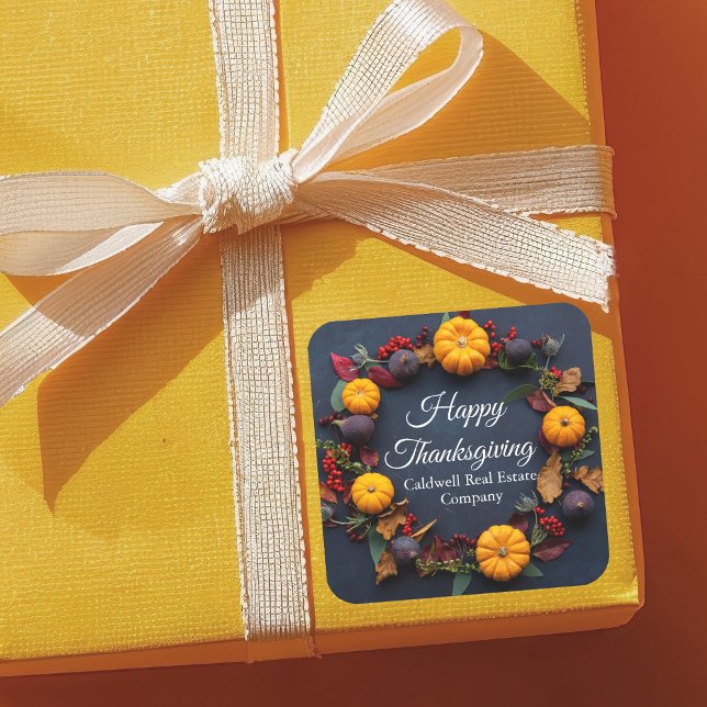 Modern Business Happy Thanksgiving Wreath Party Square Sticker (Creator Uploaded)