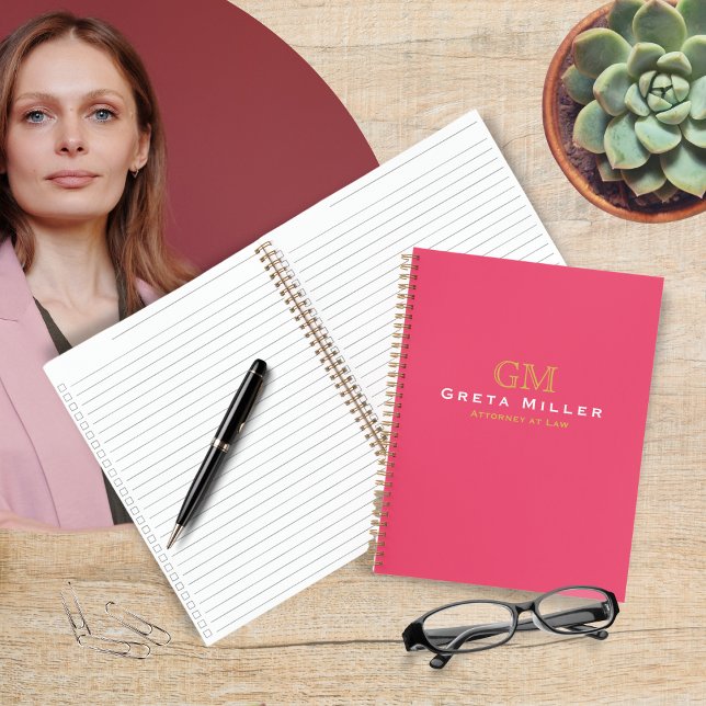 Modern Business Hot Pink Gold Monogram Notebook (Creator Uploaded)