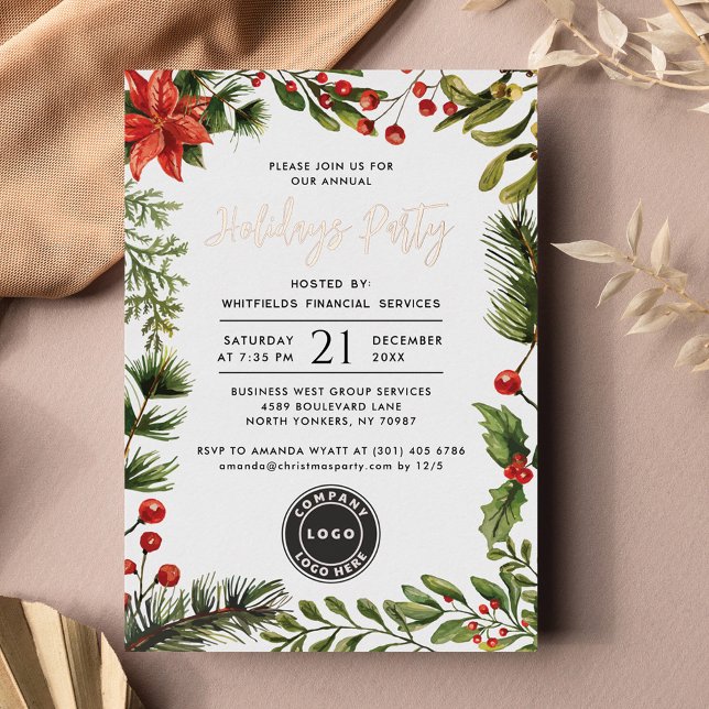 Modern Business Logo Christmas Holidays Party Foil Invitation (Business Christmas Party Coworkers Party Rose Gold Foil Script Invitation)
