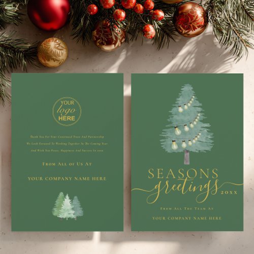 Modern Business Logo Christmas Tree Gold & Green Holiday Card