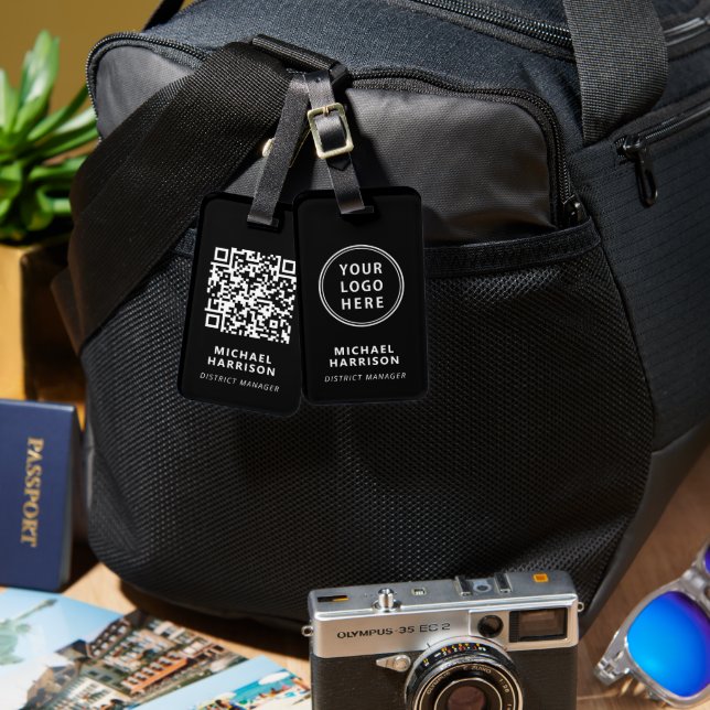 Modern Business Logo QR Code Black Luggage Tag (Front & Back)