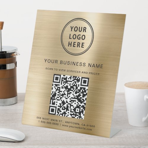 Modern Business Logo QR Code Gold Pedestal Sign