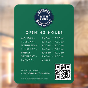 Modern Business Logo QR Code Opening Hours Green Window Cling
