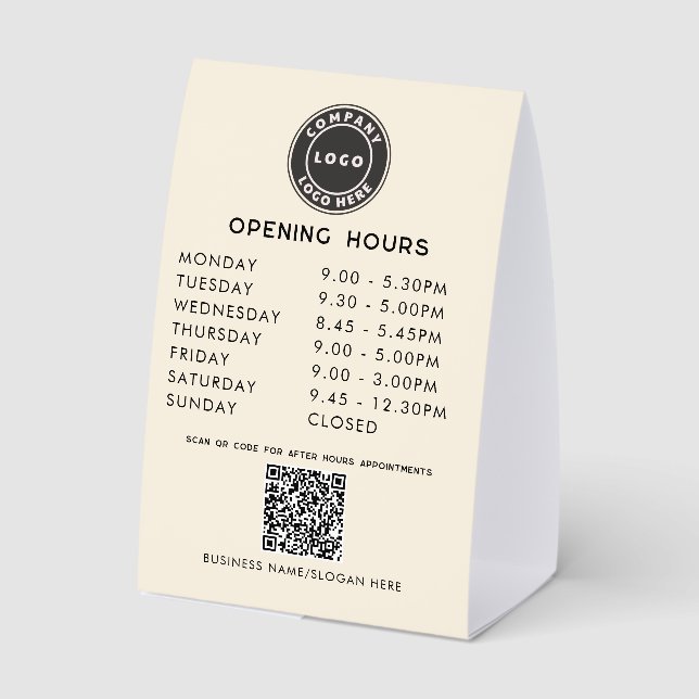 Modern Business Logo QR Code Opening Hours Paper Table Tent (Back)