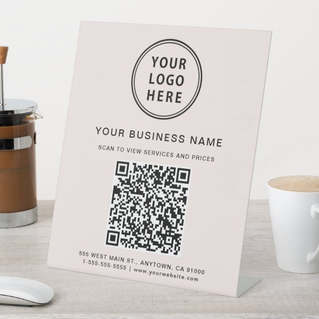 Modern Business Logo QR Code Pink Pedestal Sign (In SItu)