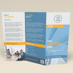 Modern Business Logo QR Code Promotional Tri-Fold Brochures<br><div class="desc">Modern customizable tri-fold brochure designed for your corporate marketing needs. This contemporary blue, orange and grey brochure is perfect for showcasing your unique brand identity. Tailor it with your company logo, taglines, service offerings, photos, and essential contact details. On the back, input a URL address to create a scannable QR...</div>