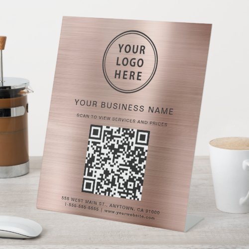 Modern Business Logo QR Code Rose Gold Pedestal Sign