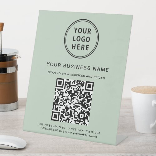 Modern Business Logo QR Code Sage Green Pedestal Sign