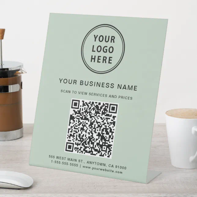 Modern Business Logo QR Code Sage Green Pedestal Sign | Zazzle