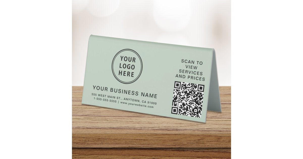 Modern Business Logo QR Code Sage Green Table Tent | Zazzle
