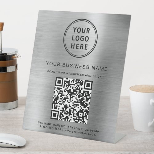 Modern Business Logo QR Code Silver Pedestal Sign