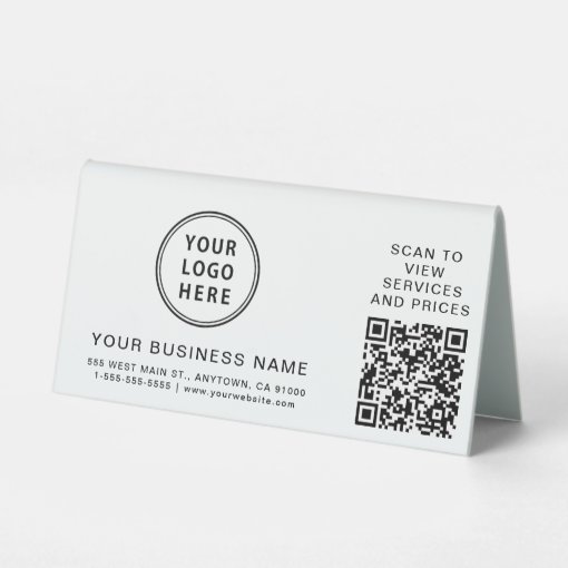 Modern Business Logo QR Code Table Tent Sign | Zazzle