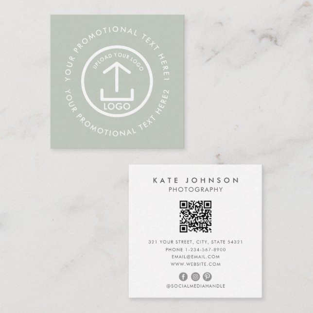 Modern Business Logo Scannable QR Code Sage Green Square Business Card (Front/Back)