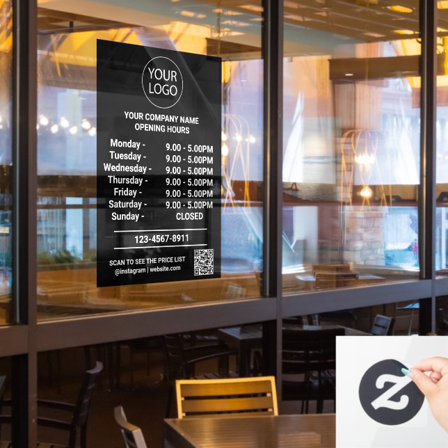 Modern Business Opening Hours Logo Qr Code Black   Window Cling (Restaurant Window)
