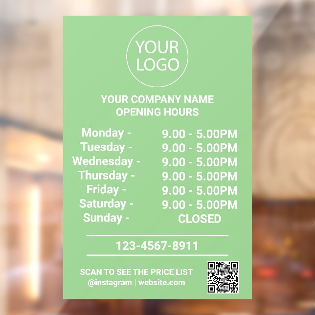 Modern Business Opening Hours Logo Qr Code Green   Window Cling (Sheet 2)