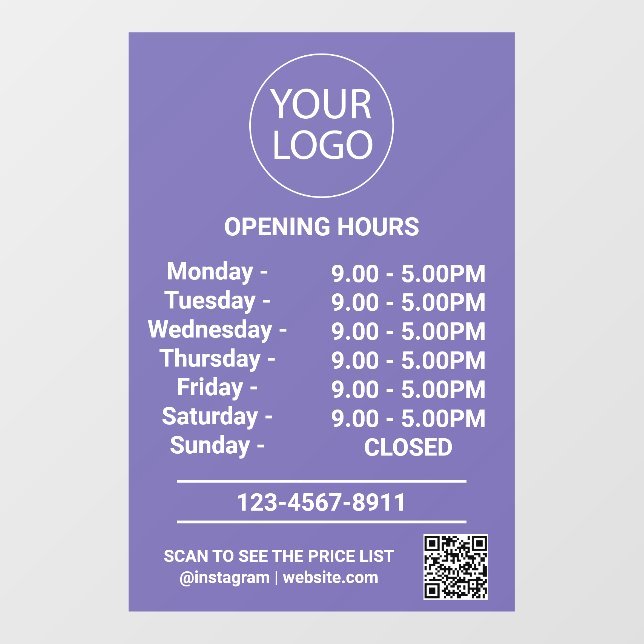 Modern Business Opening Hours Logo Qr Code purple  Window Cling (Sheet)