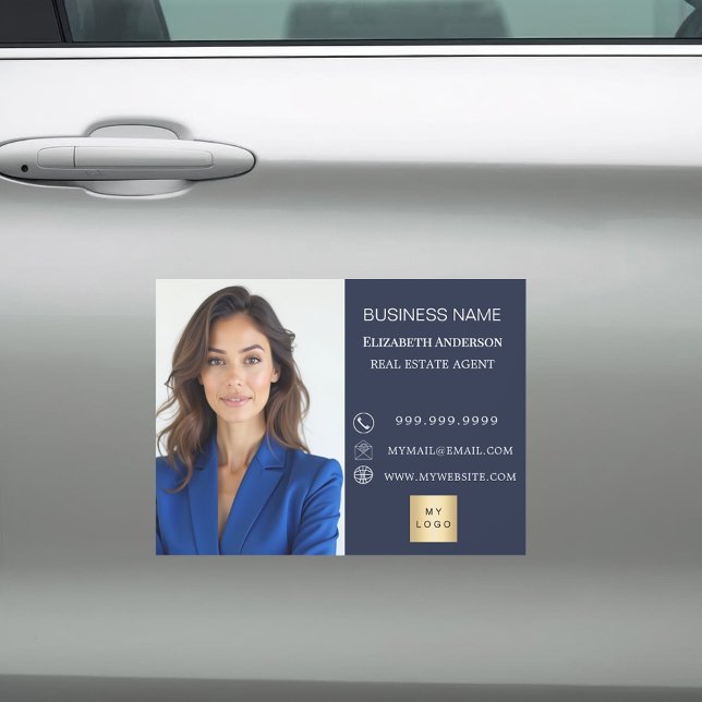 Modern Business Photo Contact Information blue Car Magnet (Creator Uploaded)