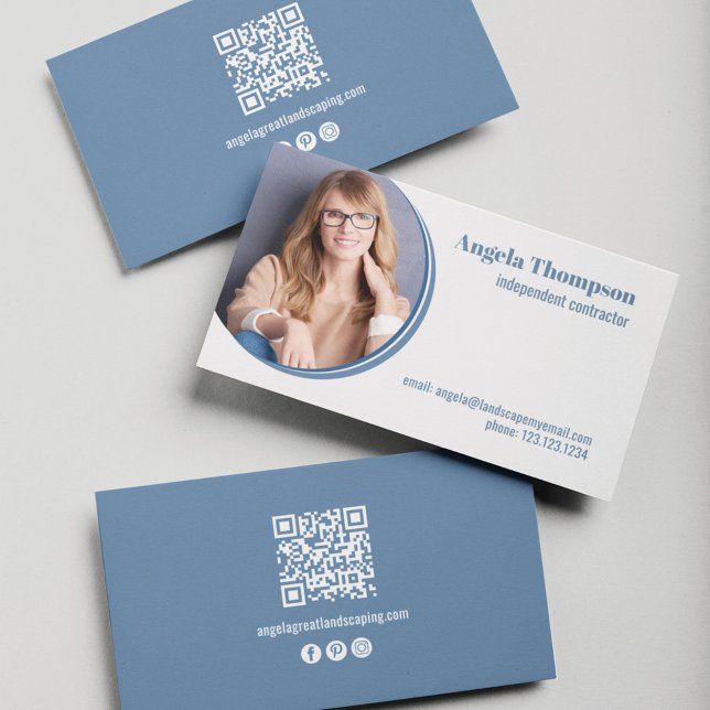 Modern Business Photo QR Code  Card (Modern blue and white business card)