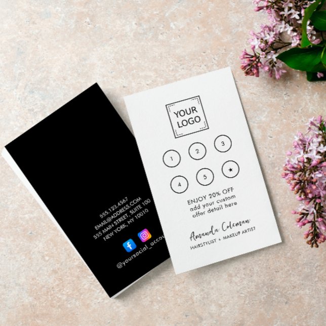 Modern Business Reward 6 Punch Logo white black Card (6 punch with your logo loyalty card. Instagram FACEBOOK ACCOUNT ICONS)