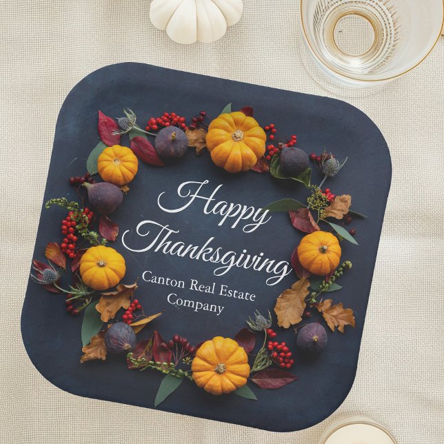 Modern Business Thanksgiving Pumpkin Wreath Party Paper Plates (Creator Uploaded)