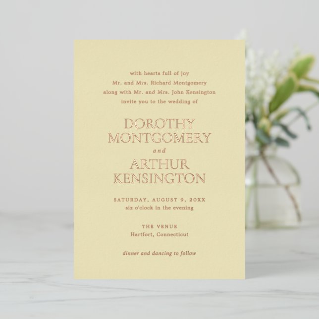 Modern Butter Yellow Elegant Wedding Foil Invitation (Standing Front)