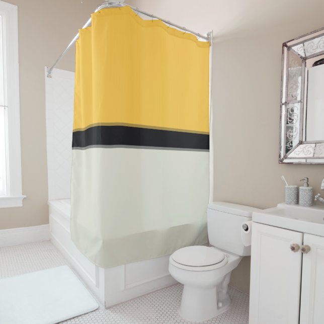 Modern Butter Yellow Silver Blue Gray Black Stripe Shower Curtain (In Situ)