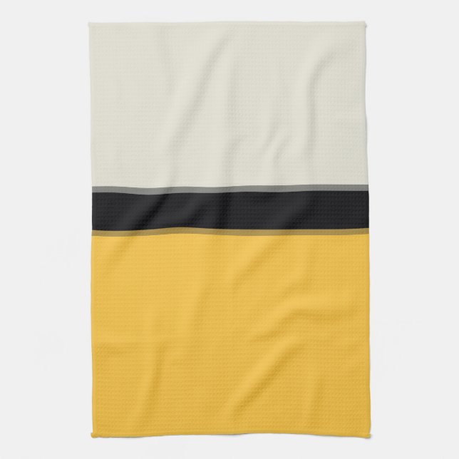 Modern Butter Yellow Silver Gray Black Stripes Kitchen Towel (Vertical)
