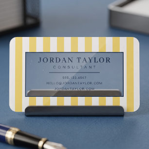 Modern Butter Yellow Striped Monogram Clear Business Cards