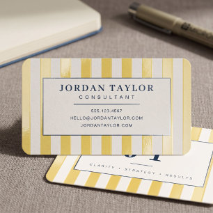 Modern Butter Yellow Striped Monogram Raised Spot UV Business Card