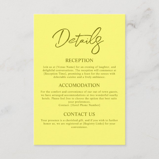 Modern Butter Yellow Wedding Details Enclosure Card (Front)