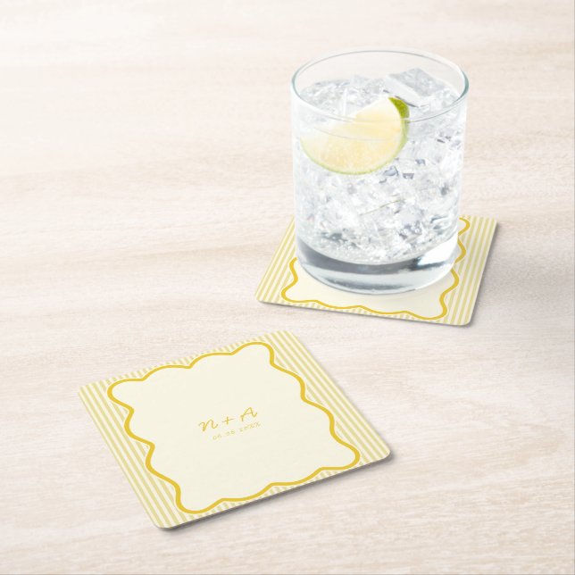Modern Butter Yellow Wedding Square Paper Coaster (Insitu)