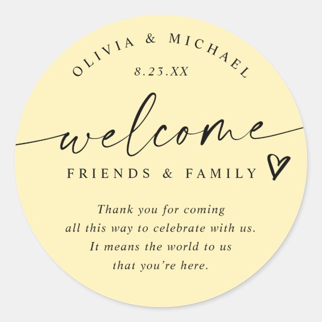 Modern Butter Yellow Wedding Welcome Hotel Bag Classic Round Sticker (Front)
