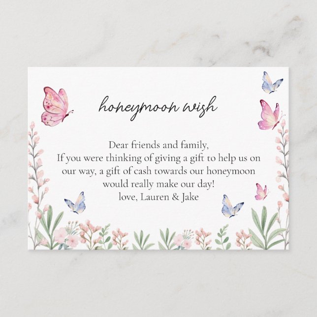 Modern Butterflies Bridal Shower Honeymoon Wish Enclosure Card (Front)