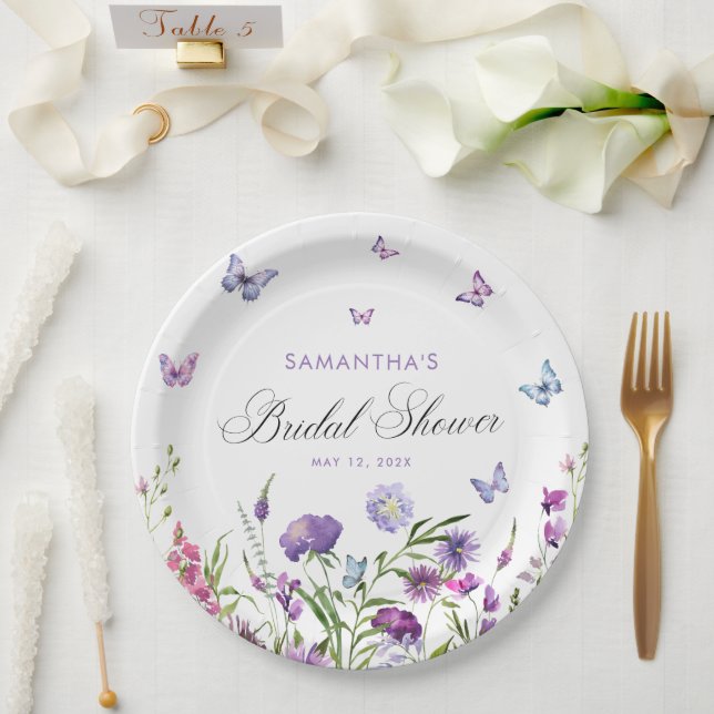 Modern Butterflies  Floral Purple Bridal Shower  Paper Plates (Wedding)