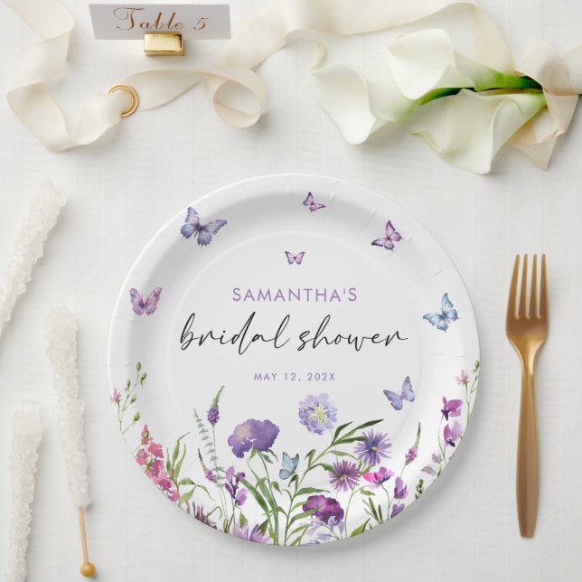Modern Butterflies  Floral Purple Bridal Shower  Paper Plates (Wedding)