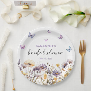 Modern Butterflies Floral Purple Bridal Shower Paper Plates