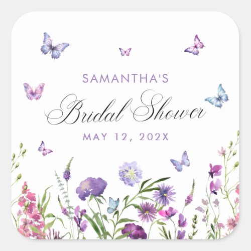 Modern Butterflies  Floral Purple Bridal Shower  Square Sticker