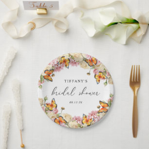Modern Butterflies Pink Peonies Bridal Shower Paper Plates