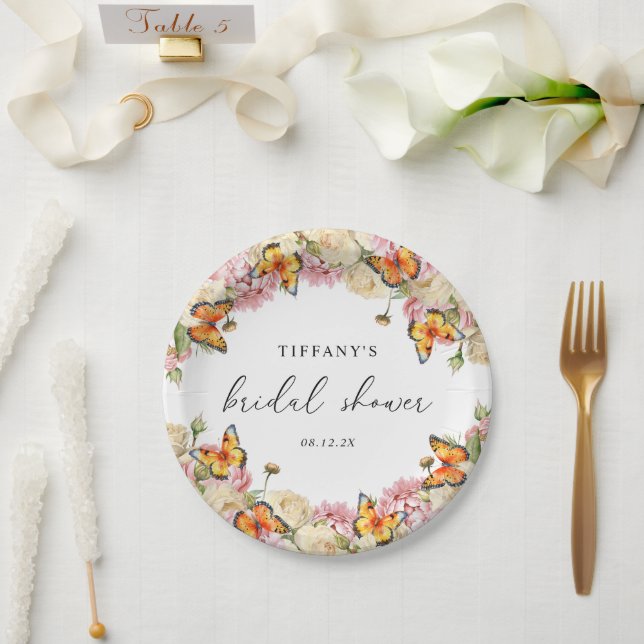 Modern Butterflies Pink Peonies Bridal Shower Paper Plates (Wedding)