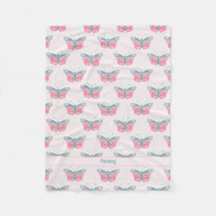 Modern Butterflies - pink teal - with name Fleece Blanket