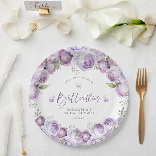 Modern Butterflies Purple Floral Bridal Shower Paper Plates (Wedding)