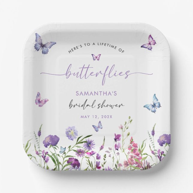 Modern Butterflies Purple Floral Bridal Shower  Paper Plates (Front)