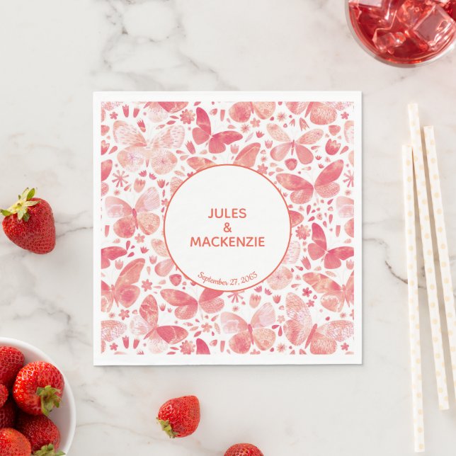 Modern Butterflies Watercolor Coral Pink Napkins (Insitu)