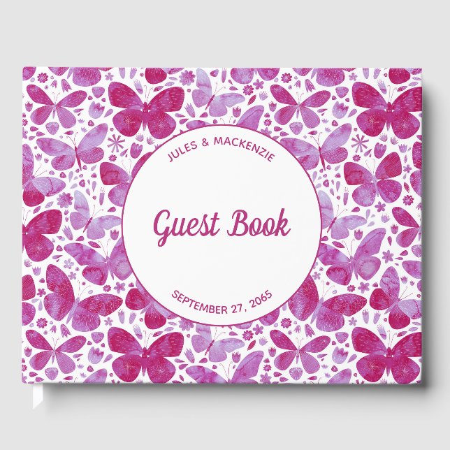 Modern Butterflies Watercolor Magenta Pink Guest Book (Front)