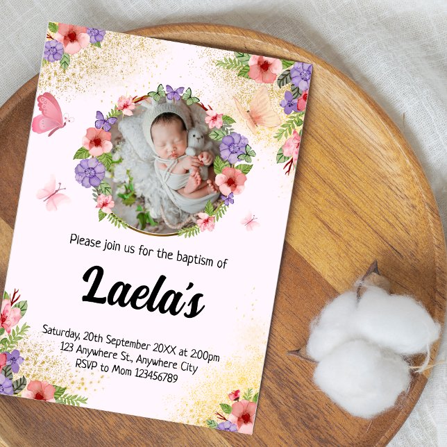 Modern Butterfly Baptism Photo Invitation  (Modern Butterfly Baptism Photo Invitation)