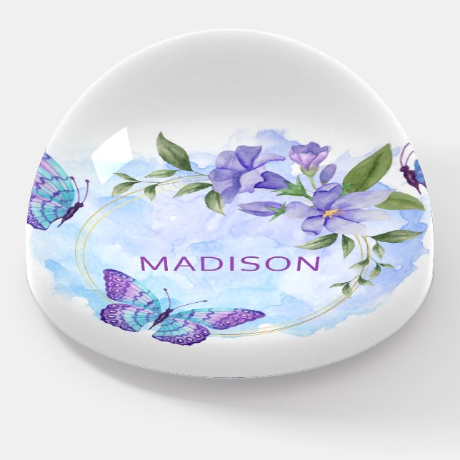 Modern Butterfly Floral Girly Personalized Name Paperweight (Angled)